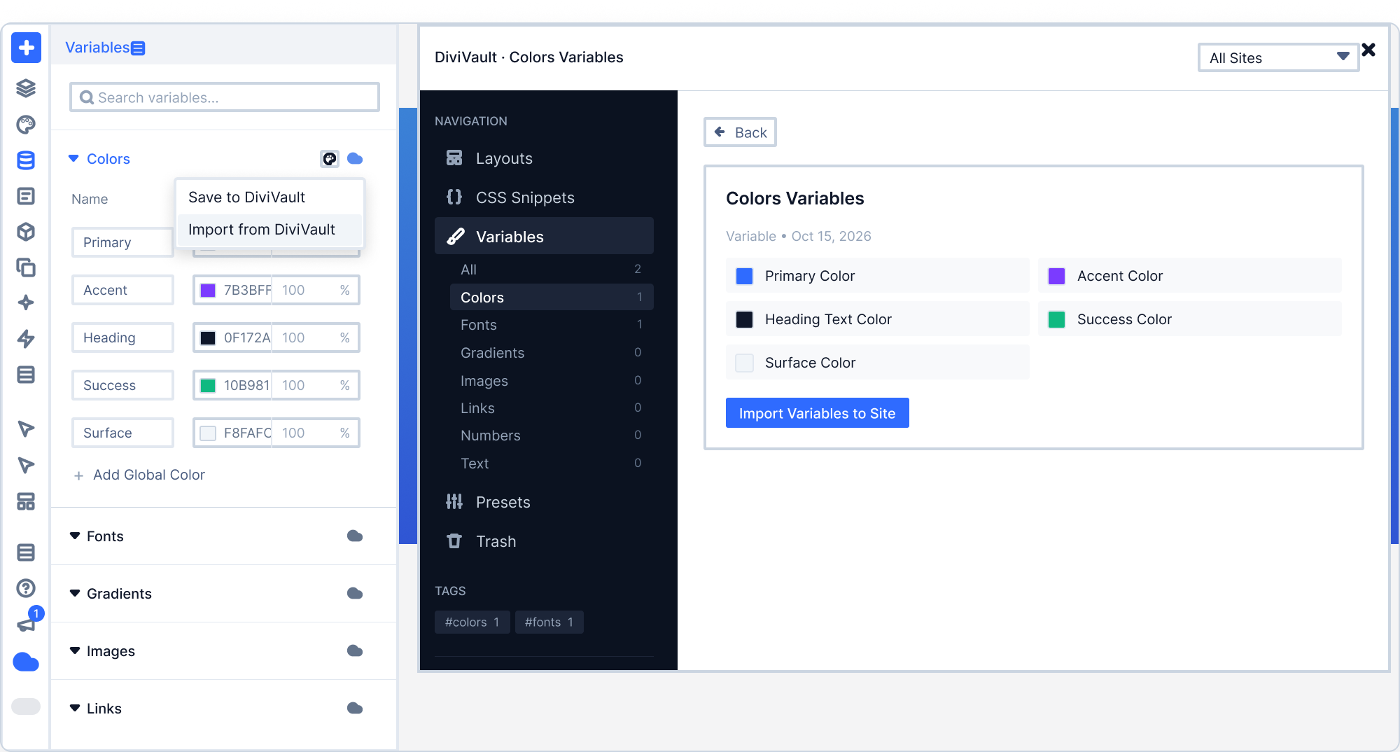 Divi's Variables panel with a Save to DiviVault menu, beside the DiviVault color variables library