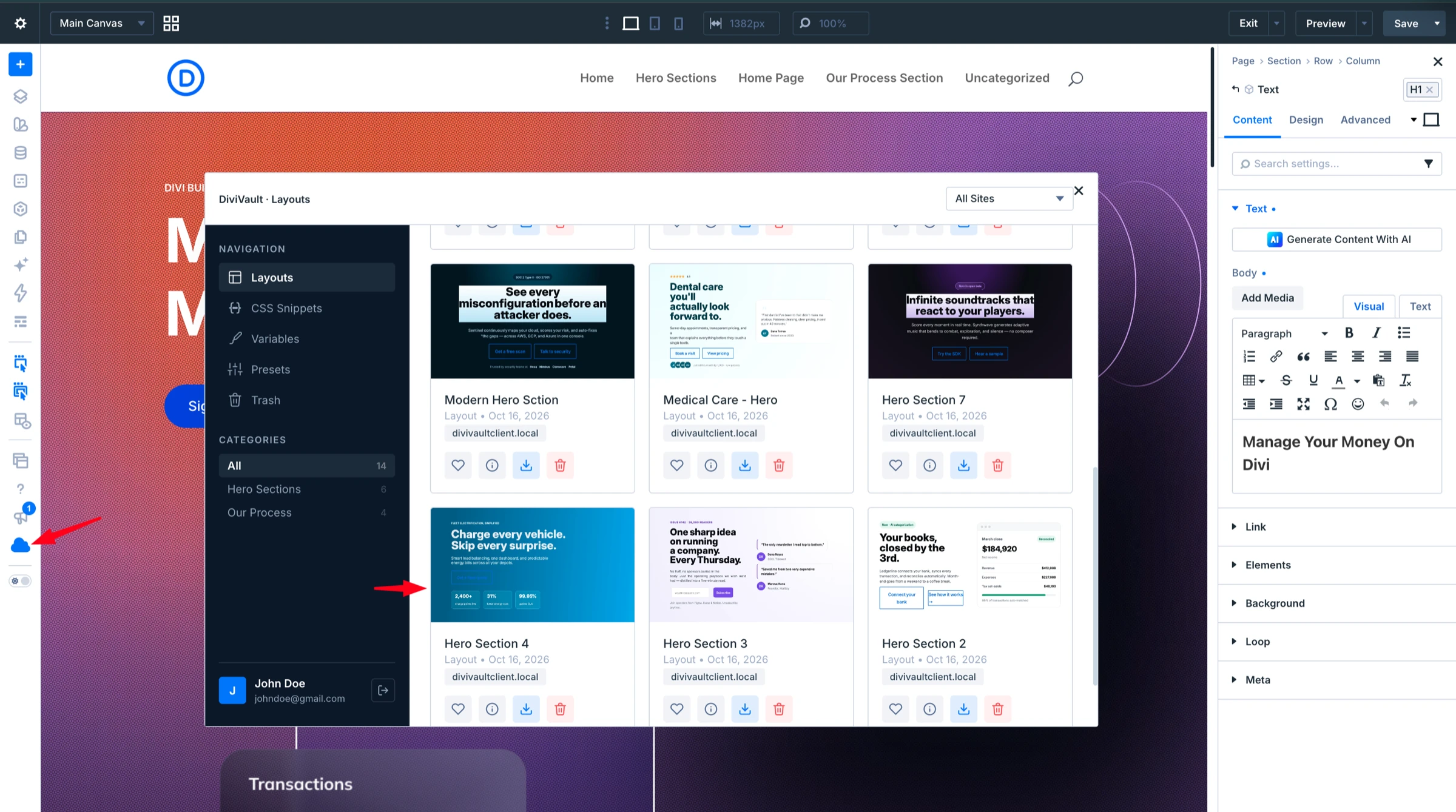The DiviVault layouts library open on top of a page in the Divi 5 Visual Builder